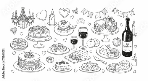 Celebrate romance and indulgence with this charming sketch of decadent cakes, wine, cheese, and flickering candles, perfect for Valentine's Day or any special occasion.