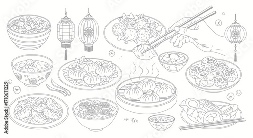Delightful collection of steaming dumplings, savory soups, and traditional lanterns, perfect for culinary inspiration and festive designs