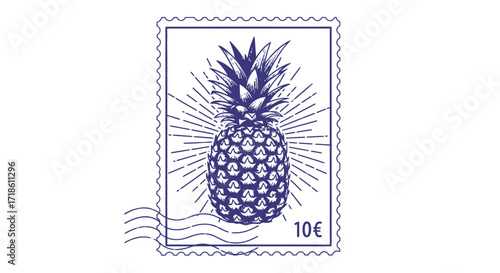 Vibrant pineapple stamp design bursts with tropical energy, perfect for travel and summer themes, evoking freshness and exotic appeal.