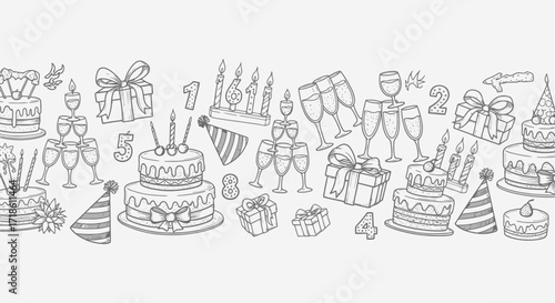 Celebrate joy with festive birthday cakes champagne toasts wrapped gifts and numbered candles creating a lively and memorable party atmosphere