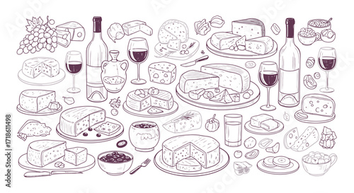 Elegant cheese and wine illustration for culinary designs, restaurant menus, and sophisticated food branding projects with a touch of classic charm