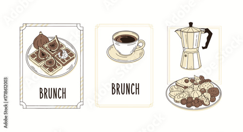 Delicious brunch set illustration featuring waffles with figs, hot coffee, and an Italian coffee maker with assorted foods for a delightful morning treat