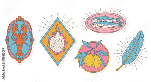 Vibrant seafood and fruit sticker set featuring lobster, dragon fruit, fish, lemons, and a tropical leaf for modern summer designs