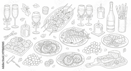 Elevate your designs with this sophisticated culinary illustration featuring fresh seafood, wine, and cheese, perfect for menus and upscale events