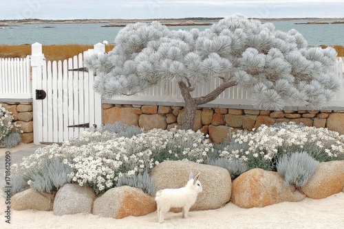 White rabbit near a white picket fence and a silver-grey pine tree, surrounded by white flowers and stones, by a body of water