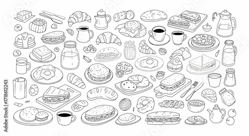 Delicious breakfast doodle art with croissants, sandwiches, coffee, and pancakes for menu design and restaurant promotions, showing food variety and tasty options