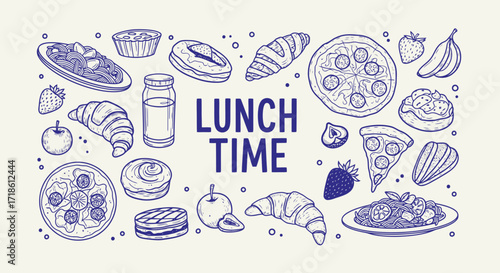 Craving Lunch? Delightful hand-drawn sketch of tasty lunch favorites like pizza, pasta, croissants, fruit, and pastries is ready to make you hungry!
