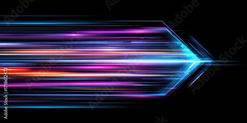 Abstract vibrant light streaks forming an arrowhead on a black background