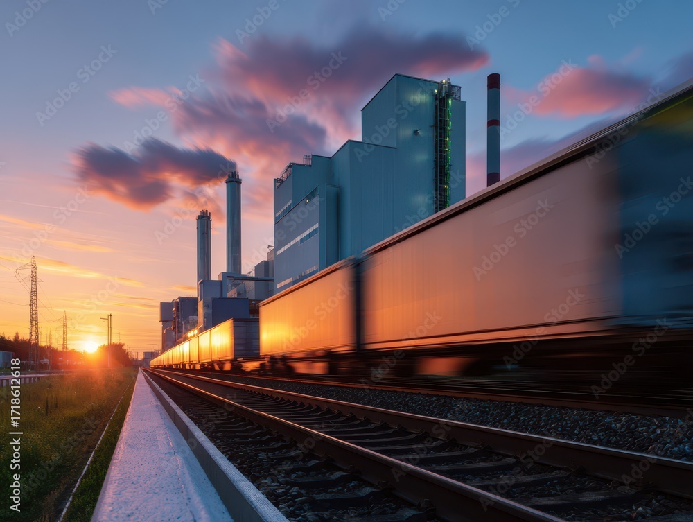Fototapeta premium A dynamic sunset view of an industrial setting, featuring train tracks beside a power plant with smokestacks and vibrant cloud formations.