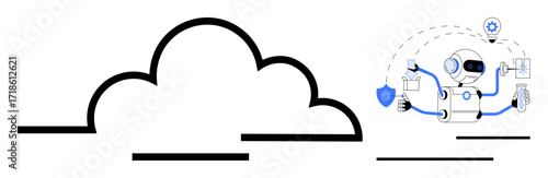 Cloud outline and AI robot juggling data processing, file management, security, automation, and innovation. Ideal for AI, cloud computing, technology, networking data management automation smart