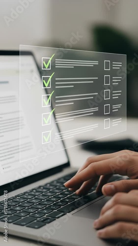 Online Checklist Completed on Laptop: Business Woman Fills Digital Form, Task Management, Productivity and Efficiency Concept