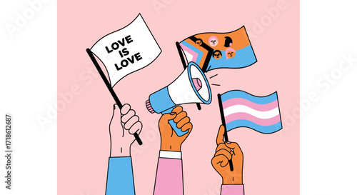 Celebrate Pride Month with inclusive flags and a megaphone, promoting equality and love for all identities at a vibrant community event