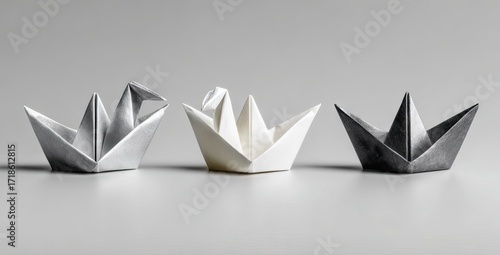 Three origami boats, monochrome, in a row