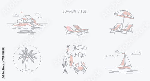Charming summer vacation line art scenes featuring beach house, summer vibes, deck chairs, palm tree, seafood and sailboat for travel and lifestyle projects