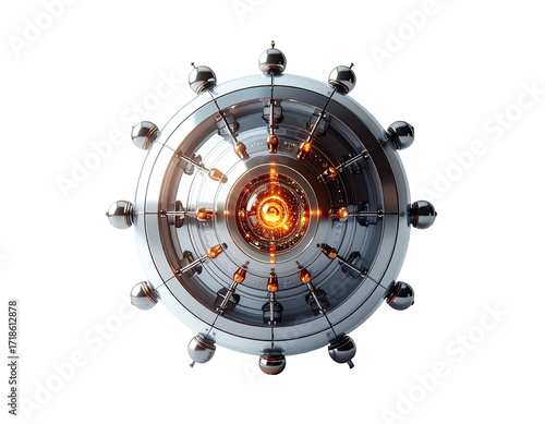 Circular metallic object, radiating orange light, intricate design