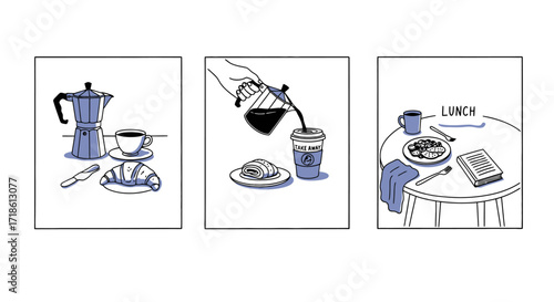 Enjoy a delicious breakfast with fresh coffee and croissants, then savor a relaxing lunch break with a good book in a delightful illustration