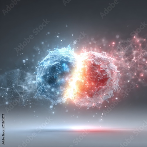 Two cells splitting apart, glowing with opposing colors, surrounded by a network of connections