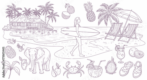 Dreamy tropical getaway with surfer girl, elephant, beach bungalows and fruity cocktails, perfect for travel blog or vacation themed design