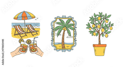 Dreaming of summer vacation bliss with refreshing drinks on the beach and a vibrant lemon tree, perfect for travel, tourism, and tropical lifestyle
