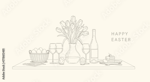 Elegant Easter celebration with wine, tulips, cake, and hand-drawn eggs, perfect for holiday greetings and springtime designs