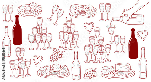 Elegant line art pattern of champagne, wine, cheese boards, and grapes creating a sophisticated celebratory ambiance for upscale events