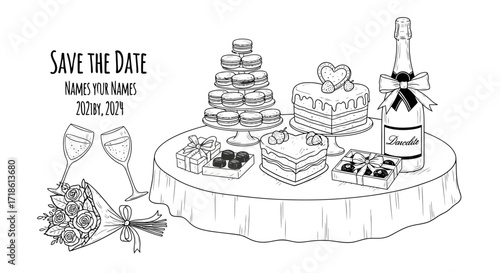 Elegant save the date design with champagne, cakes, macarons, and roses for a stylish wedding or celebration invitation card template