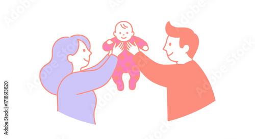 Adorable baby being held by smiling parents in pink heart patterned romper creating a heartwarming scene, perfect for family or parenting themes