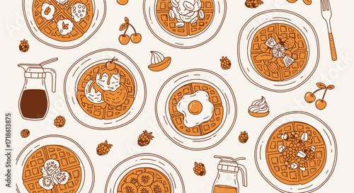 Delicious waffles with fresh fruit and syrup create a fun brunch background perfect for food blogs, menus, or breakfast promotions