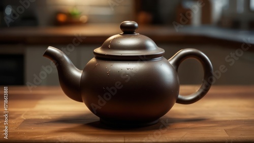 Dark-brown teapot on a wooden kitchen counter