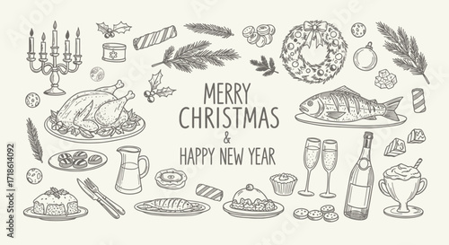 Festive Christmas and New Year's celebration with a delicious feast and holiday decorations, perfect for seasonal greetings and holiday promotions