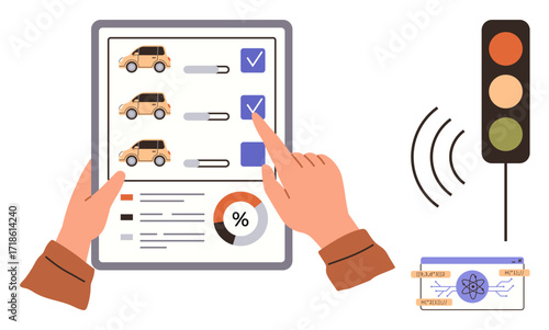 Hands selecting cars on tablet with charts, traffic signal, and smart payment card. Ideal for car rental, fleet management, smart transportation, traffic systems, IoT tech, decision-making simple