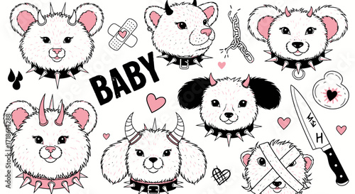 Cool edgy bear and animal sticker sheet with horns and spikes for goth alternative aesthetic designs and fun rebellious projects, so cute and playful