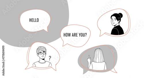 Engaging communication concept featuring diverse people in conversation bubbles, perfect for illustrating teamwork or online discussions in modern designs