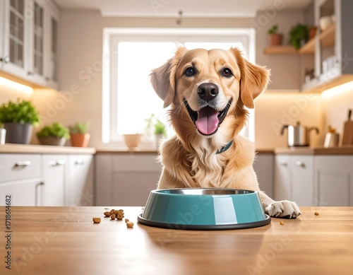 Happy golden retriever in a kitchen