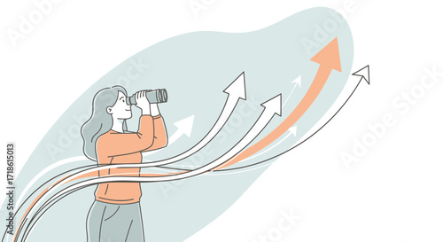 Confident woman using binoculars, envisioning future growth and business success, spotting opportunities with vision and ambition, professional illustration