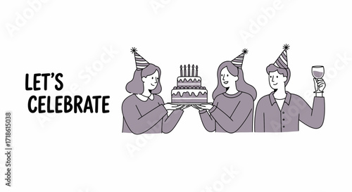 Let's celebrate with friends! Throw a fantastic birthday party with smiling people, delicious cake, and festive hats for a memorable event