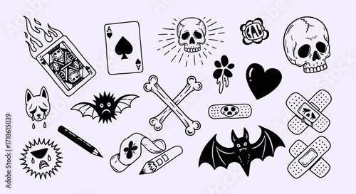 Eerie Halloween doodles with skulls, bats, and spooky elements, perfect for edgy designs and tattoo art, bringing a touch of darkness and whimsy