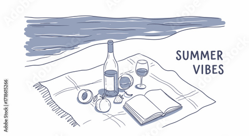 Escape to summer bliss with this charming picnic illustration by the sea, perfect for vacation vibes and carefree moments, creating a serene getaway
