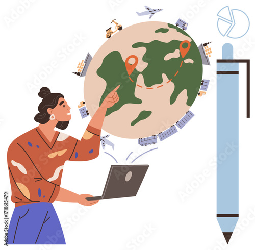 Female with laptop pointing to global map, analyzing shipping routes and logistics. Ideal for global business, logistics, technology, data analysis, remote work, e-commerce planning. Simple flat