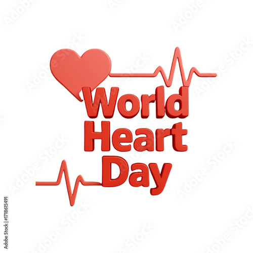 World heart day 3d text with heart and ekg line isolated on transparent background
