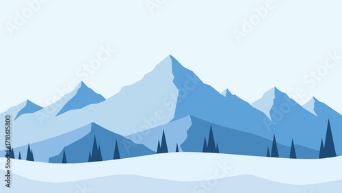 Snowy mountain landscape illustration with snow hill and pine trees