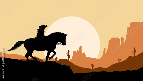 Desert landscape illustration with silhouette of cowboy riding horse