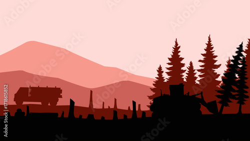 Deforestation silhouette landscape illustration with illegal logging