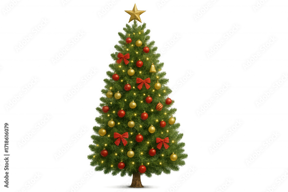 Fototapeta premium Decorated christmas tree with golden star, red bows, and festive ornaments on transparent background for holiday design