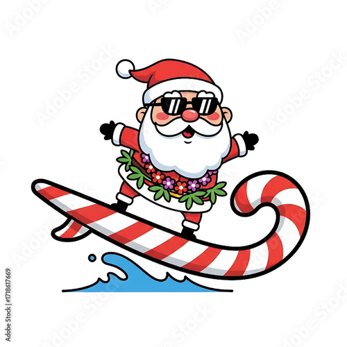 Cartoon Santa Claus Surfing on Candy Cane with Sunglasses and Floral Lei