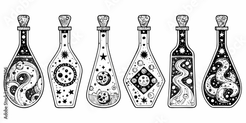 Collection of six whimsical black and white hand drawn potion bottles filled with celestial and cosmic elements