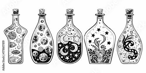 Collection of five whimsical black and white illustrated potion bottles filled with magical elements and celestial designs