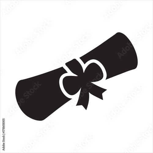 Black and white vector illustration of a graduation diploma scroll with ribbon tied beautifully symbolizing academic achievement and success in higher education for students and professionals