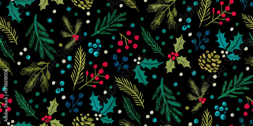Festive christmas pattern with pine branches holly berries and pine cones on black background