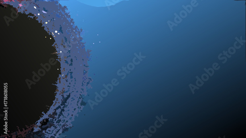 Abstract textured dark circle edge against a gradient blue background with subtle light particles
